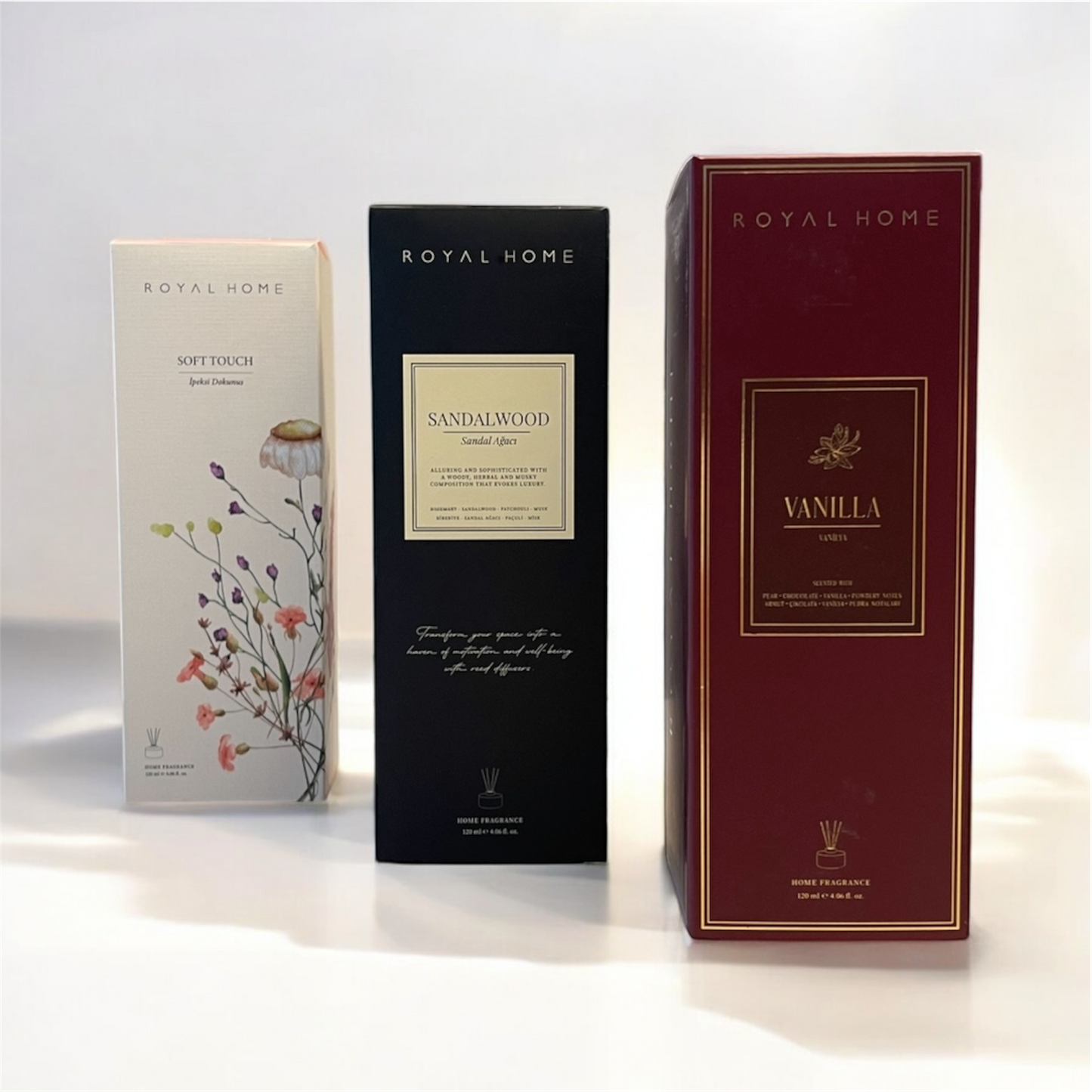 Raumdüfte von Royal Platinum bei Duftroom - Diffuser mit Duftstäbchen - Soft Touch | Sandalwood | Vanilla Chocolate